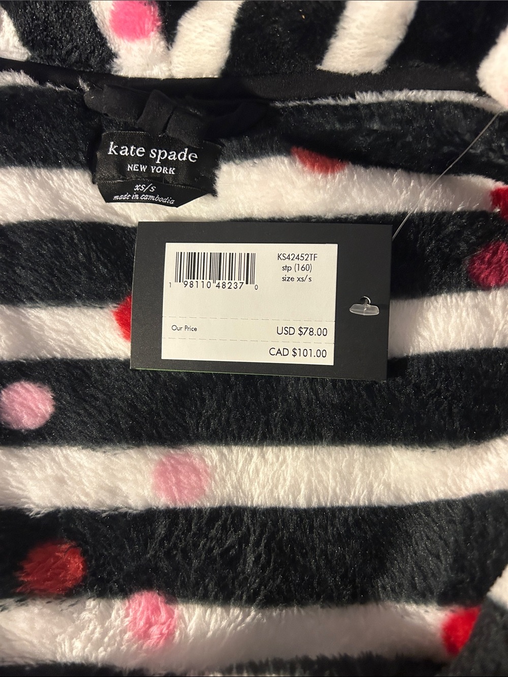 kate spade Black & White Striped Plush Robe with Pink and Red Dots - Picture 4 of 4